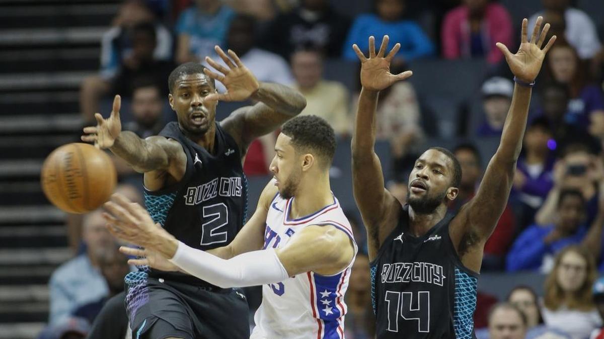 Philadelphia 76ers guard Ben Simmons, center, had a dominant game Sunday against the Charlotte Hornets. The Sixers won 119-102 at the Spectrum Center.