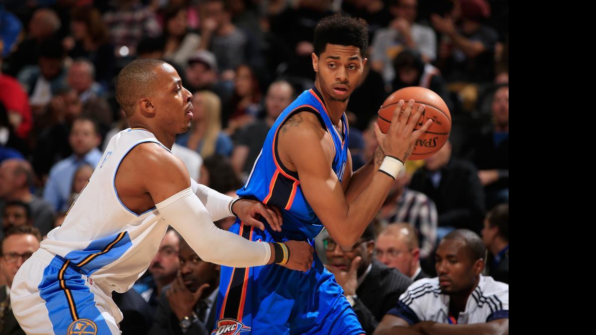 
The Charlotte Hornets acquired shooting guard Jeremy Lamb (right) from the Oklahoma City Thunder on Thursday, hours before the 2015 NBA draft.
