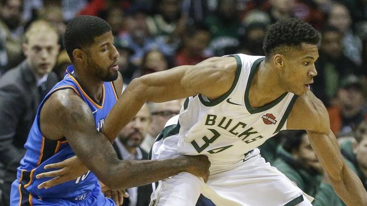 Milwaukee Bucks' Giannis Antetokounmpo (34) finished with 28 points, eight rebounds and four turnovers in a home loss Tuesday to the Oklahoma City Thunder, and forward Paul George.