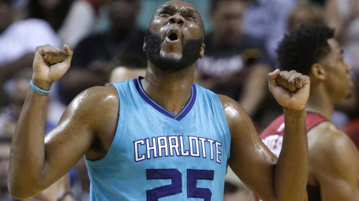 Charlotte Hornets center Al Jefferson (25) reacts after a teammate was called for a foul during Thursday’s game in Miami.