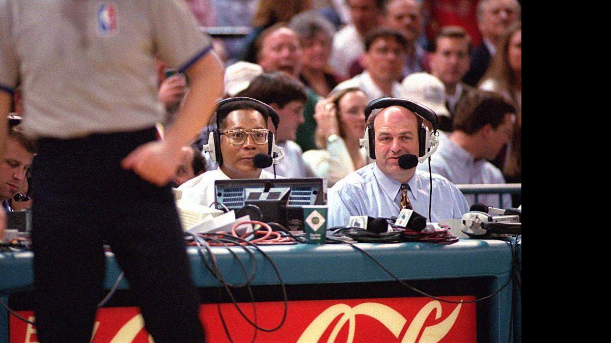 
Steve Martin (right), shown in March 1995 with former Hornets TV partner Gil McGregor, will return to radio broadcasting next season. 

