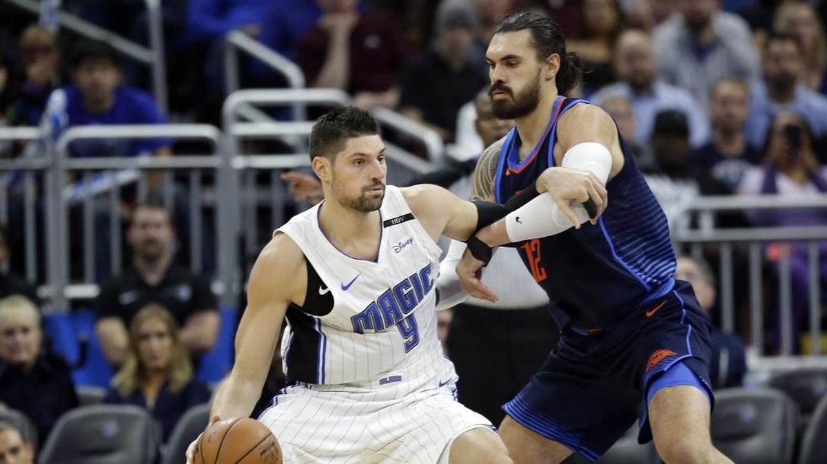 Orlando Magic center Nikola Vucevic (9) is a crafty low-post scorer who will challenge the Charlotte Hornets’ Dwight Howard and Cody Zeller.
