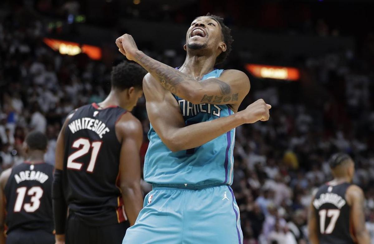 Charlotte guard Malik Monk celebrates after the Hornets defeated the Miami Heat 113-112 in Miami on Saturday.