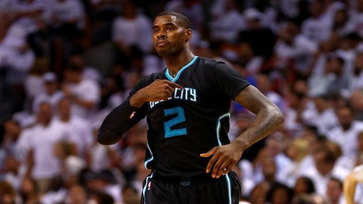 Marvin Williams of the Charlotte Hornets reacts to a 3-pointer during Game 5 of an Eastern Conference quarterfinal of the NBA playoffs against the Miami Heat at American Airlines Arena on Wednesday in Miami.
