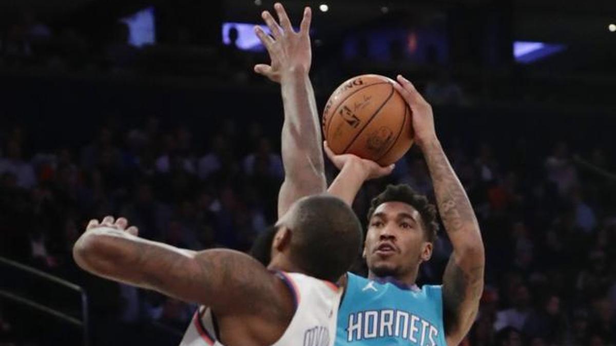 Charlotte Hornets rookie Malik Monk (1) made four 3-pointers and scored 18 points in the first half of Tuesday’s road game against the New York Knicks.
