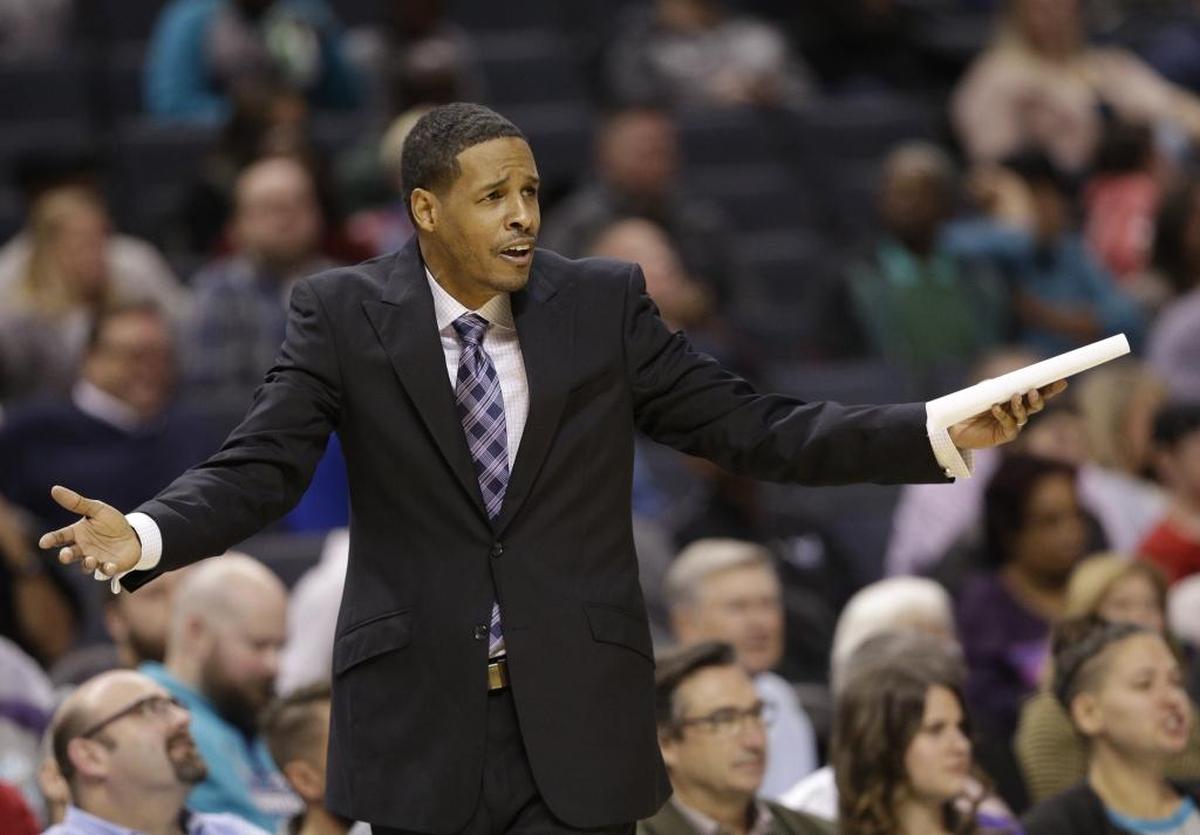 Charlotte Hornets associate head coach Stephen Silas argues a call during the second half of an NBA basketball game against the Orlando Magic in Charlotte Monday. Silas was filling in for coach Steve Clifford, who was ill.