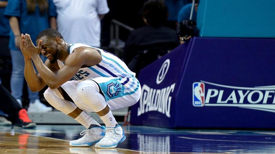 Charlotte Hornets guard Kemba Walker reacts to a call during Friday’s 97-90 loss to the Miami Heat..