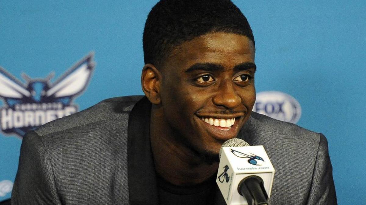 Hornets rookie Dwayne Bacon addresses the media during his introductory news conference last month.