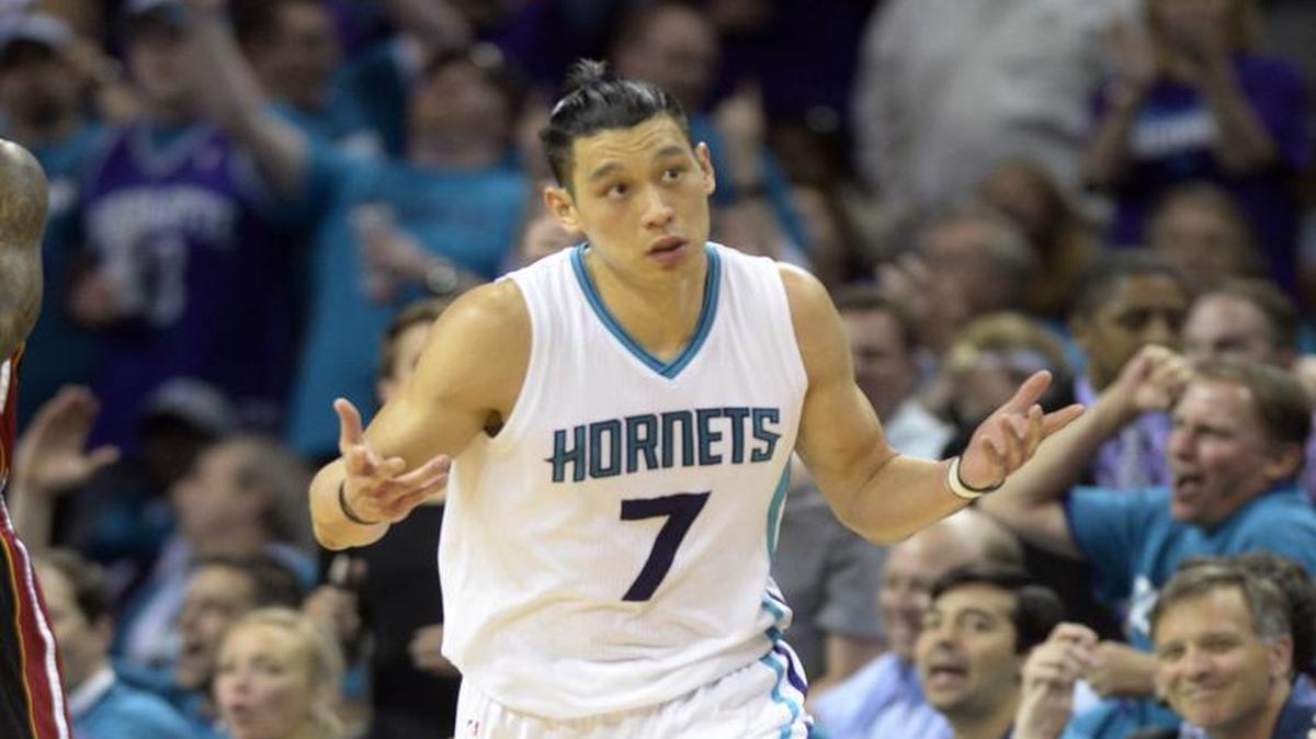 Charlotte Hornets guard Jeremy Lin (7) shrugs after hitting a shot against the Miami Heat during the second half in Game 4 of the Eastern Conference playoffs' first round on Monday, April 25, 2016. The Hornets won 89-85. The series is tied at 2-2.