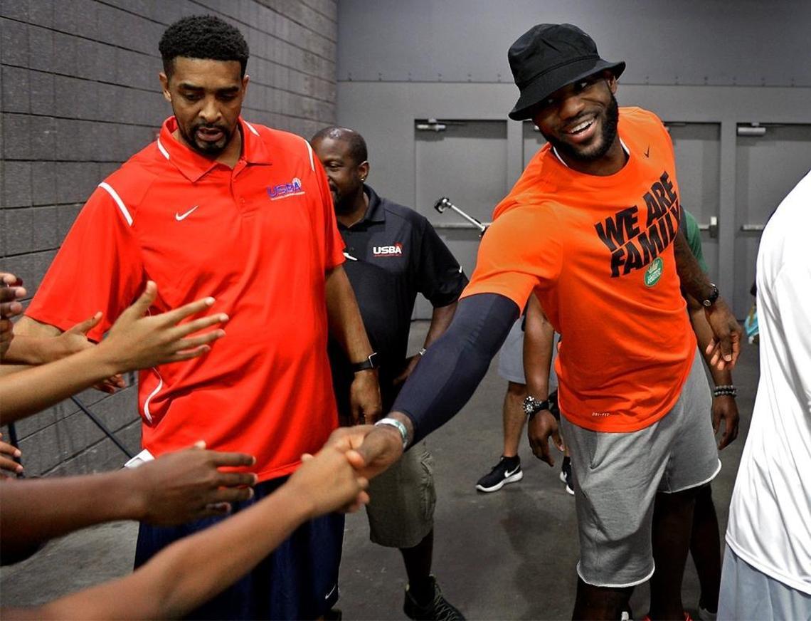 NBA star LeBron James greets fans after his son, LeBron James Jr., played at the Charlotte Convention Center on Friday. LeBron Jr. plays for the North Coast Blue Chips from Ohio.