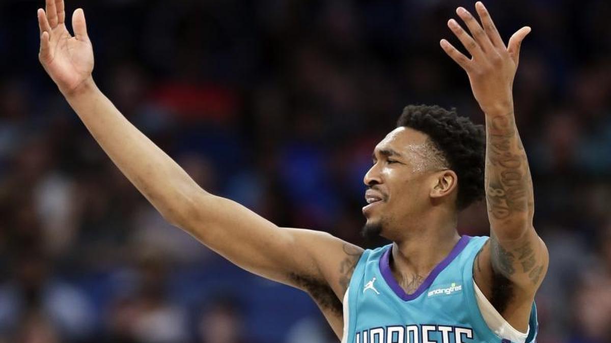 Charlotte Hornets' Malik Monk appeals to an official after claiming to be fouled during the second half of Friday’s game at Orlando. Monk finished with 26 points and eight assists, both team and career highs, as the Hornets routed the Magic, 137-100.