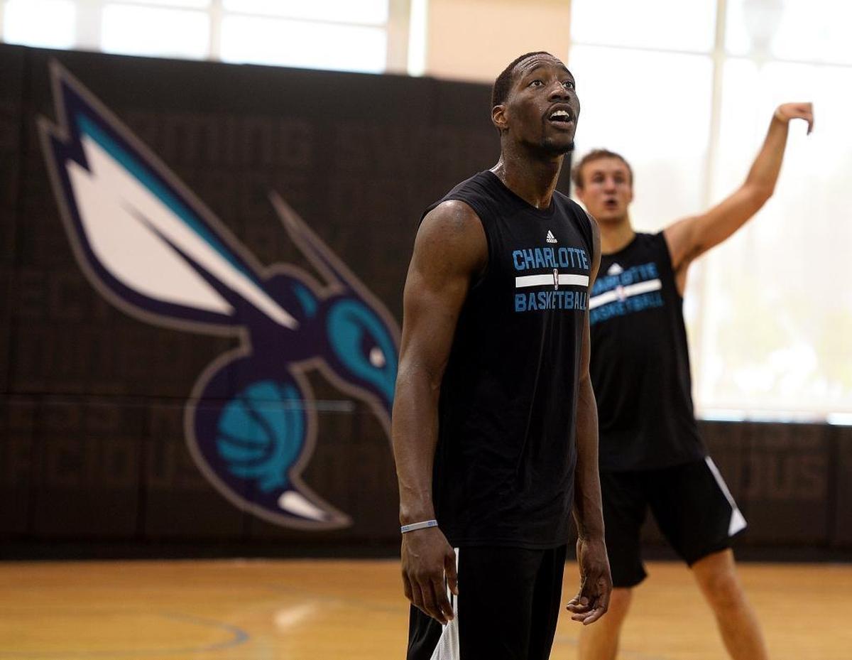 Bam Adebayo watches a Luke Kennard shot during Sunday's Hornets pre-draft workout. Later, Adebayo, who missed his only 3-pointer in his single college season, swished 13 of 25 attempts in a 3-point drill.