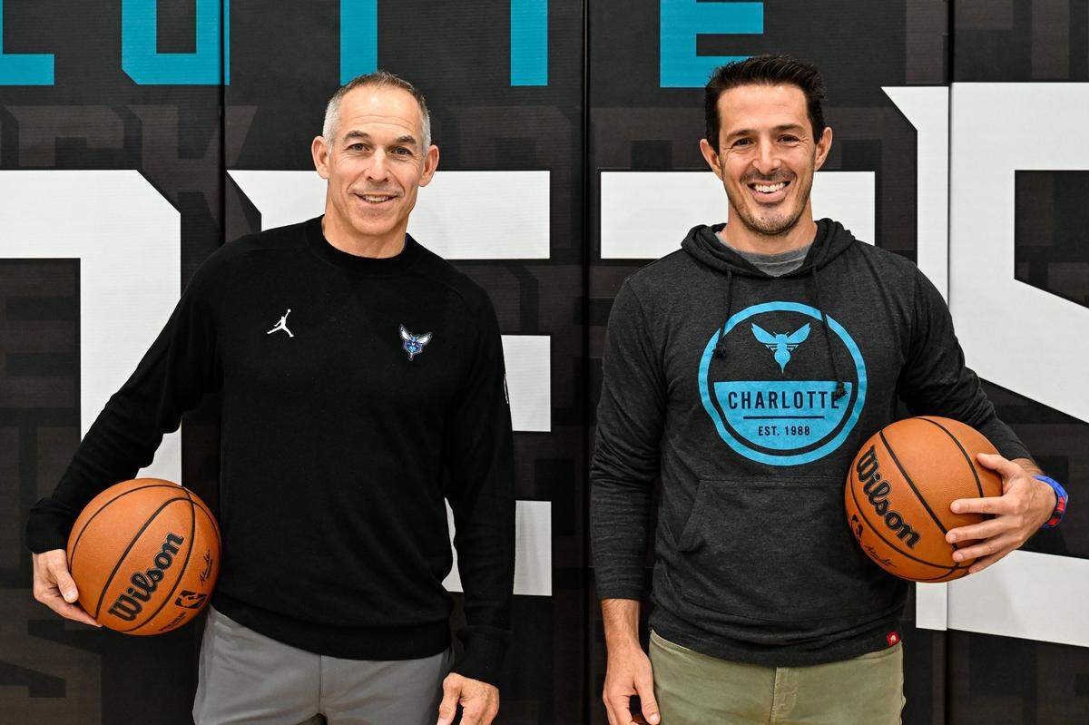 Charlotte Hornets owners Rick Schnall, left, and Gabe Plotkin pose for a photo Saturday, Oct. 19, 2024, in Charlotte, N.C. (Charlotte Observer /Matt Kelley)