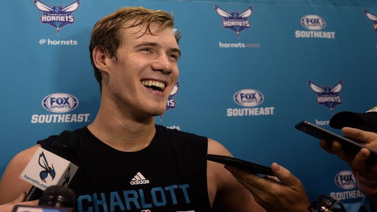 Lehigh’s Tim Kempton takes questions after Sunday’s pre-draft workout with the Charlotte Hornets at the Spectrum Center. Kempton’s dad, also named Tim, played for the Hornets in their inaugural 1988-89 season.