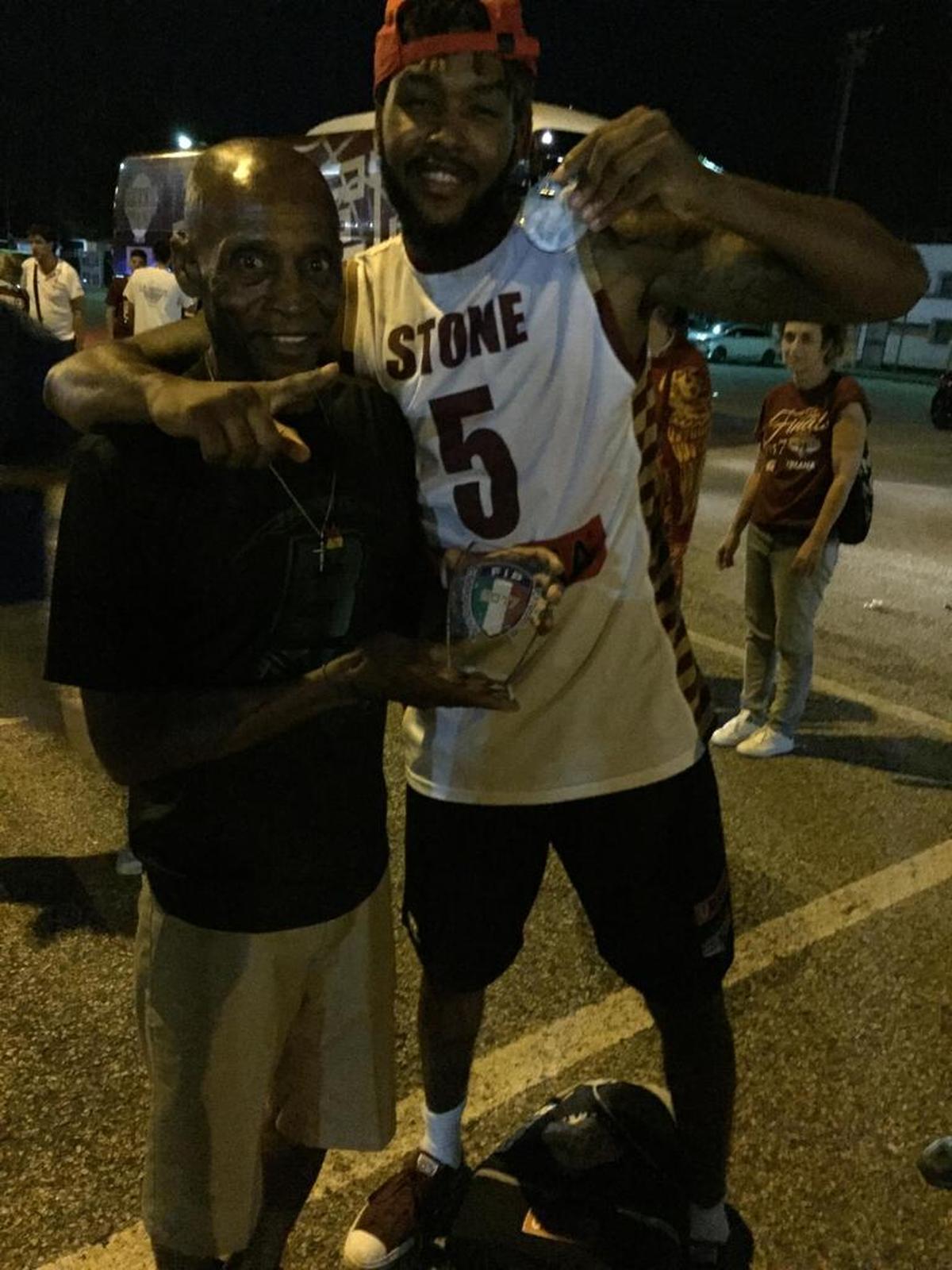 New Charlotte Hornets guard Julyan Stone said he and his father, David, are best friends. David Stone survived a health crisis two months ago, when he suffered severe damage to multiple major organs. In the spring (above), the two men celebrate after Julyan’s Venice-based Umana Reyer team won the Italian basketball championship.
