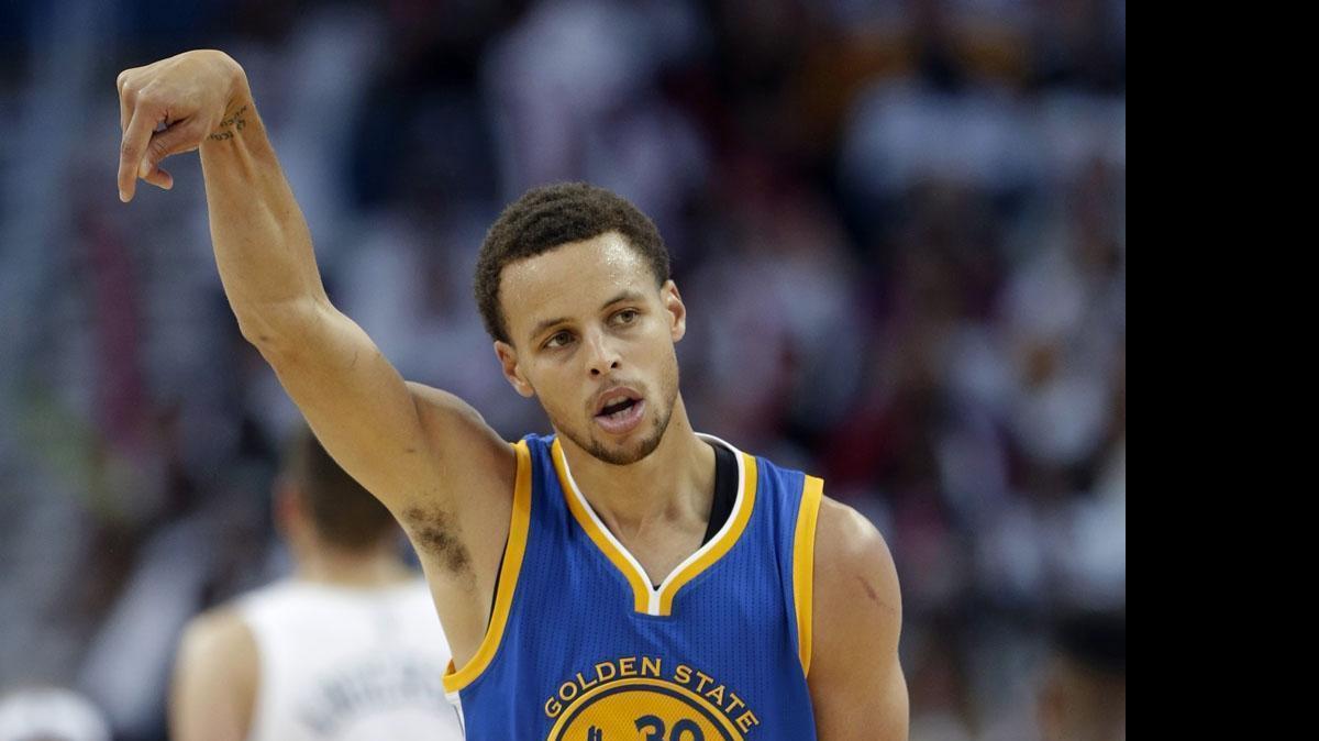 
Golden State Warriors’ Stephen Curry, here reacting to a 3-point shot against New Orleans, will be named the NBA’s Most Valuable Player, according to media reports.


