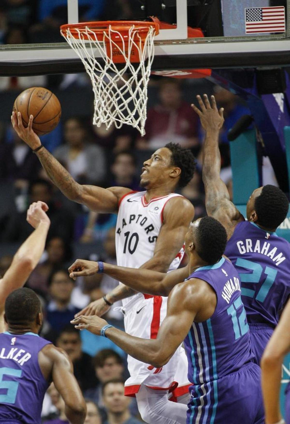 Toronto Raptors guard DeMar DeRozan (10) drives to the rim in Sunday’s game against the Charlotte Hornets at Spectrum Center.