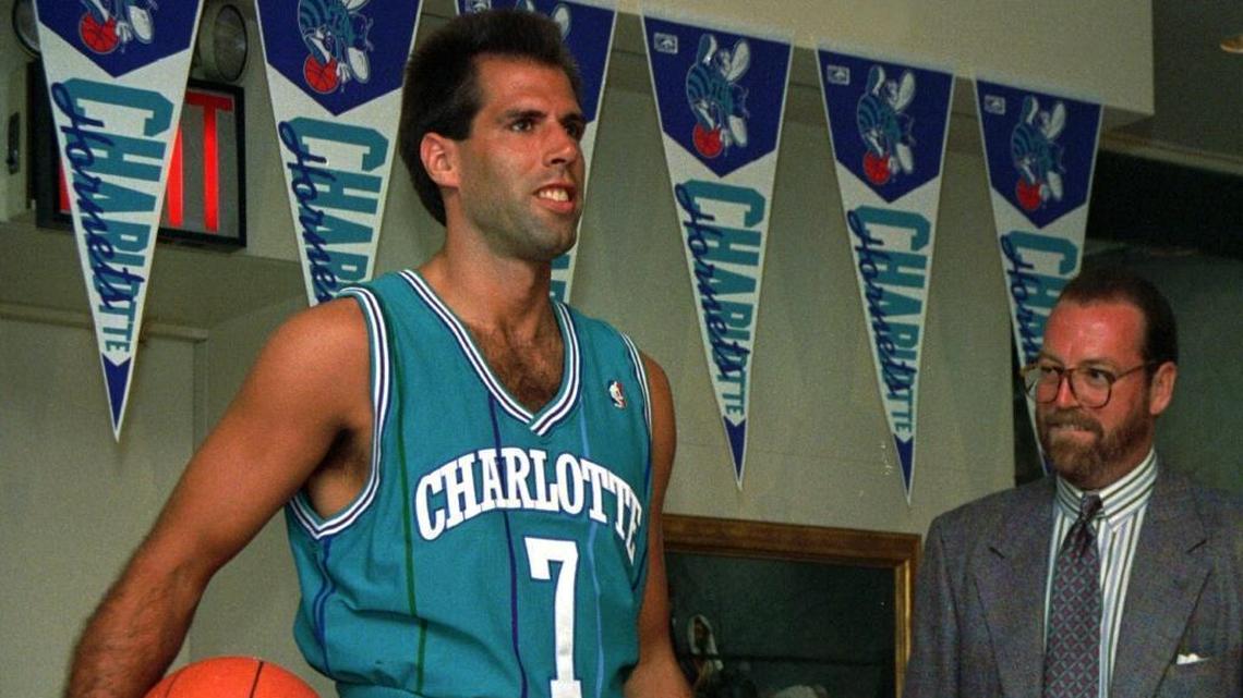 In New York in July 1988, former Charlotte Hornets forward Kelly Tripucka modeled the uniform designed by Alexander Julian for the new NBA expansion team.