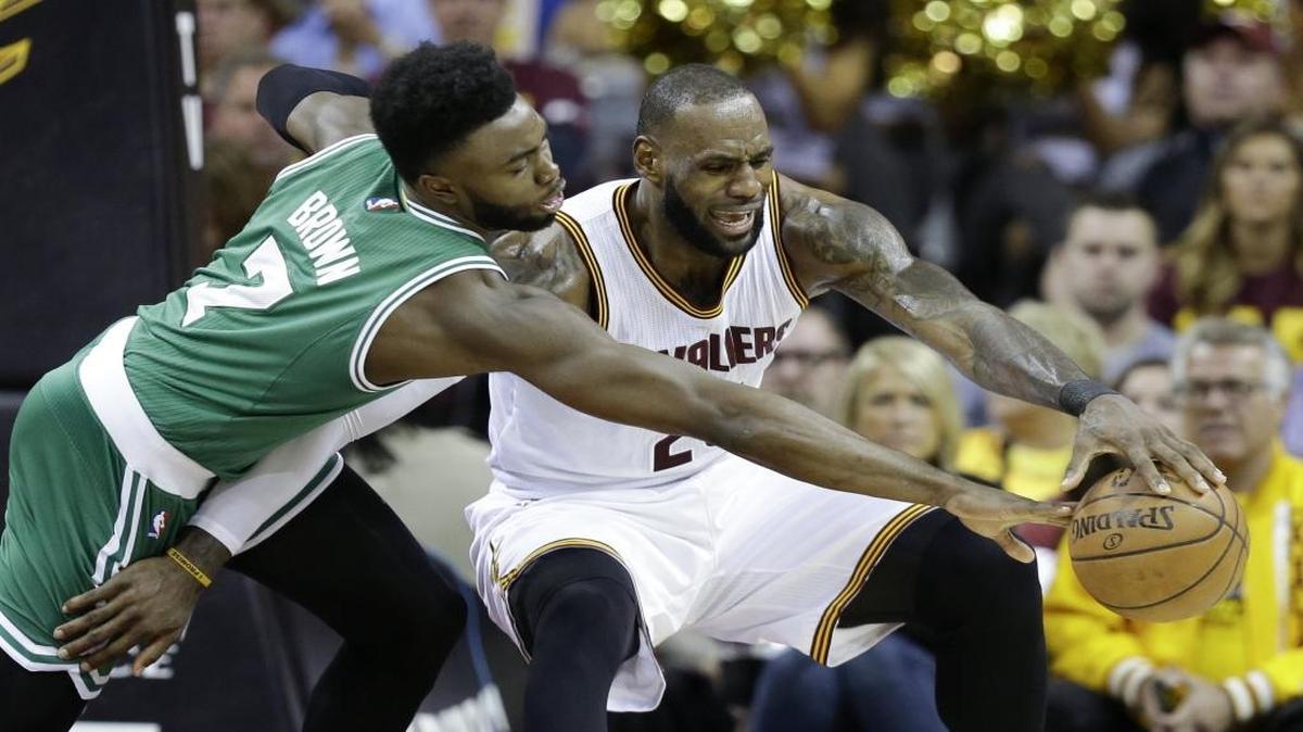Boston Celtics rookie Jaylen Brown (7), here guarding Cleveland Cavalier LeBron James, averaged 12.6 minutes in playoff games this season.