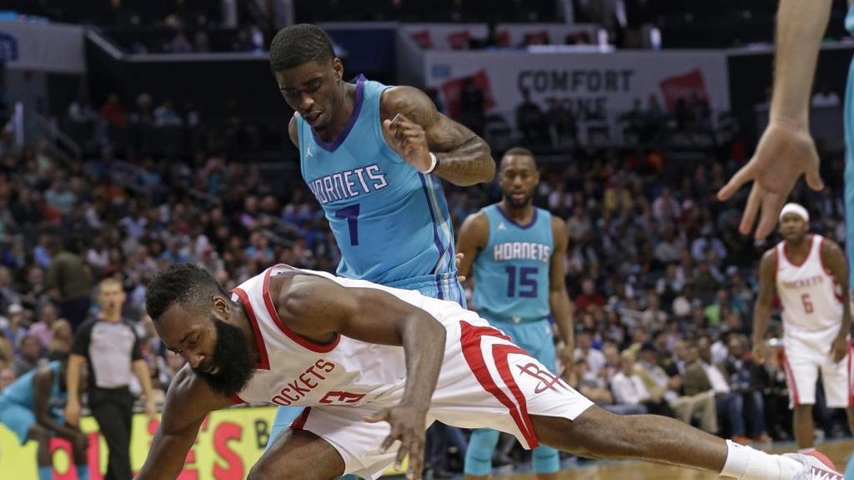 Guarding Houston Rockets superstar James Harden (13) was a lot to ask of Charlotte Hornets rookie Dwayne Bacon (7).
