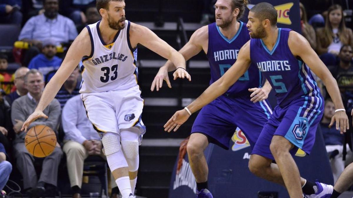 Charlotte’s Spencer Hawes (00) and Nic Batum double-team Memphis center Marc Gasol (33). The Hornets won 104-85 in Memphis.