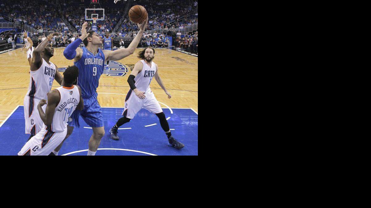 
Orlando Magic center Nikola Vucevic (9) has been a challenging matchup for Charlotte Hornets counterpart Al Jefferson.
