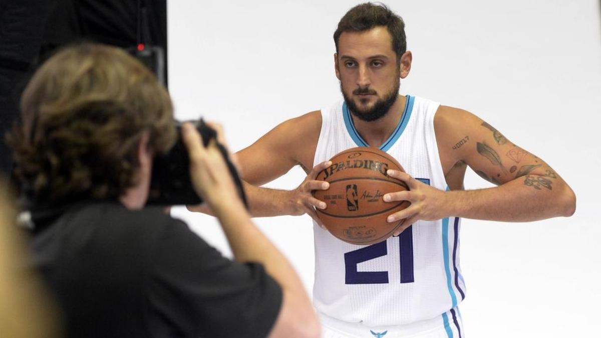 Charlotte Hornets guard Marco Belinelli has his portrait taken during the team’s media day Monday afternoon at the Spectrum Center.