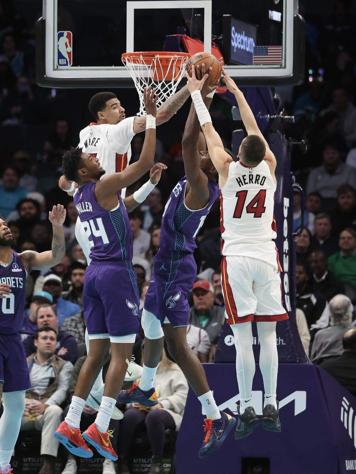 Charlotte Hornets forward Moussa Diabate grabs the ball against Miami in March. The Heat went 3-1 against the Hornets in the 2025-26 regular season.
