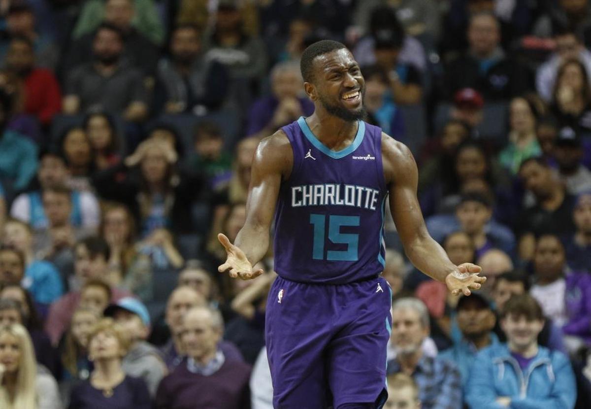 Charlotte Hornets guard Kemba Walker reacts during the second half of the Feb. 11 game against the Toronto Raptors in Charlotte. Toronto won 123-103.