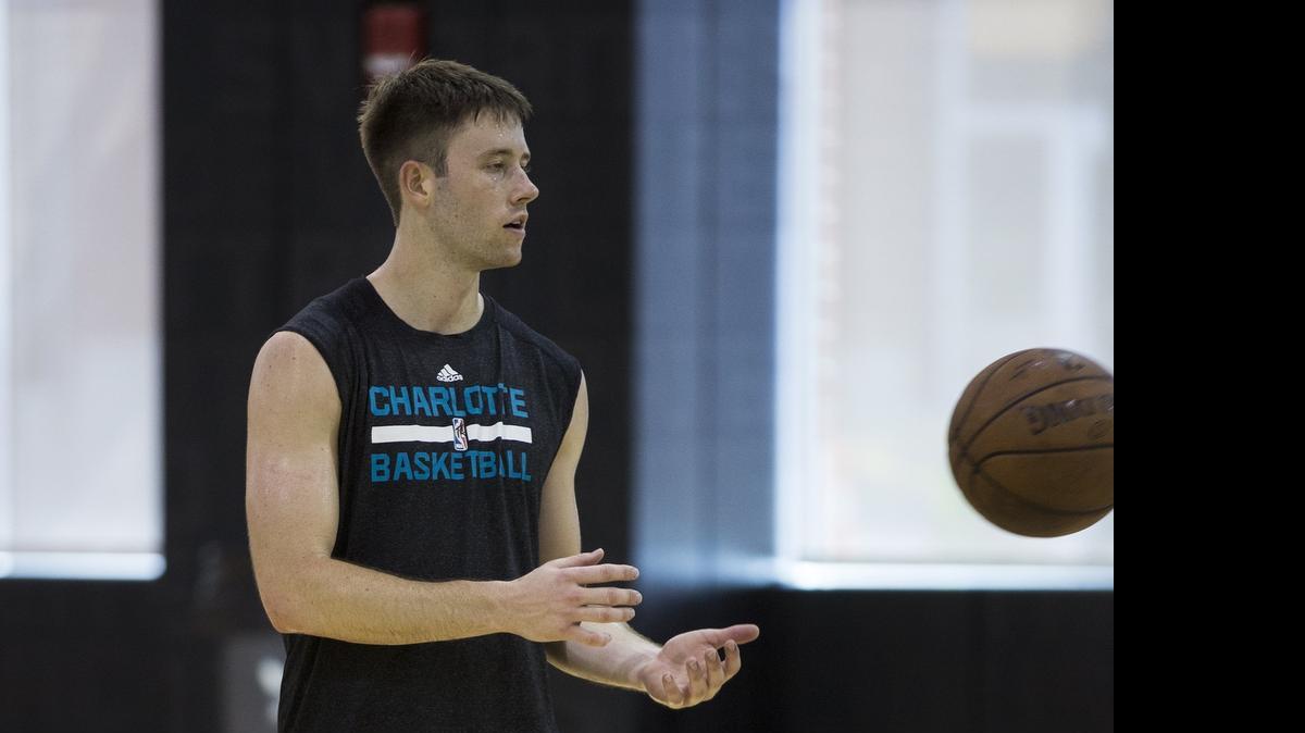 
Davidson’s Tyler Kalinoski, here trying out for the Charlotte Hornets, is playing in two summer leagues with the Miami Heat.

