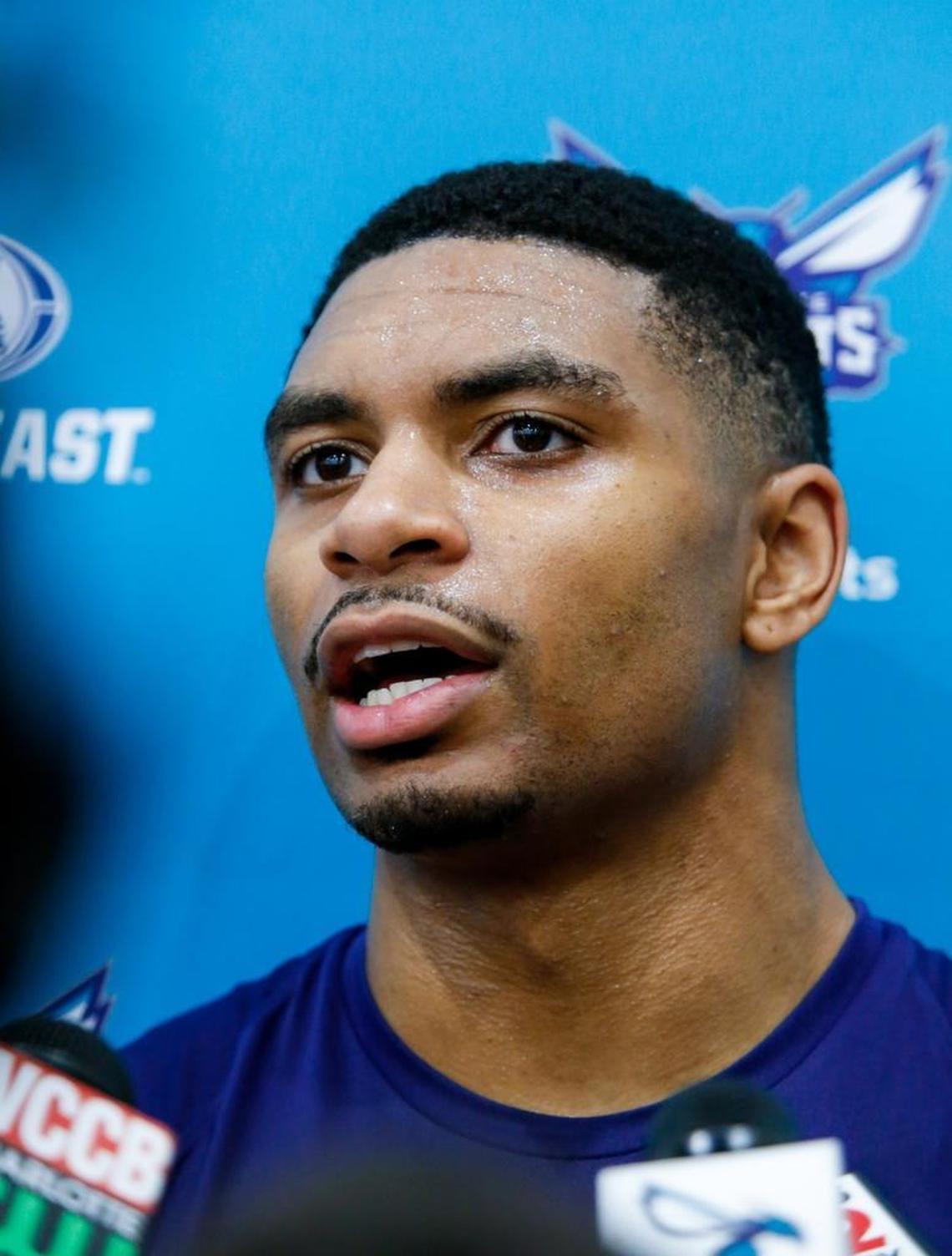 Former N.C. State guard Allerik Freeman chats with media after a pre-draft workout with the Charlotte Hornets on Saturday.