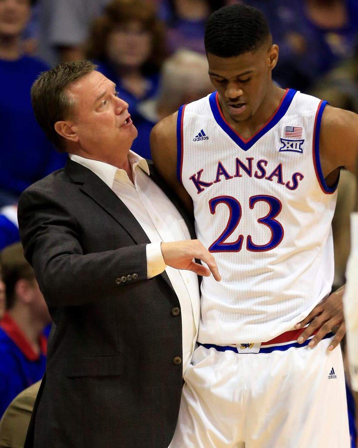 Kansas head coach Bill Self, left, talks with Billy Preston (23) during an October exhibition game against Pittsburg State in Lawrence, Kan. Though highly recruited, Preston never played in a regular-season game for the Jayhawks.