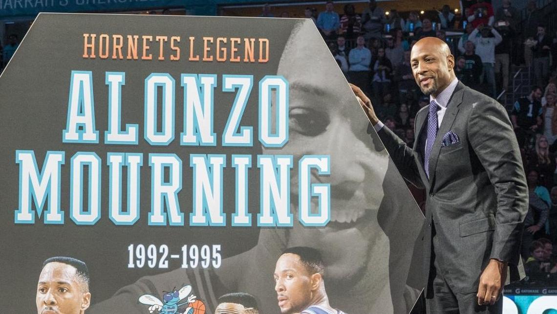 The Charlotte Hornets honored former center Alonzo Mourning in a halftime tribute in February. Mourning, who was inducted into the Naismith Memorial Basketball Hall of Fame in 2014, was traded to the Miami Heat in 1995 after contract talks hit an impasse.