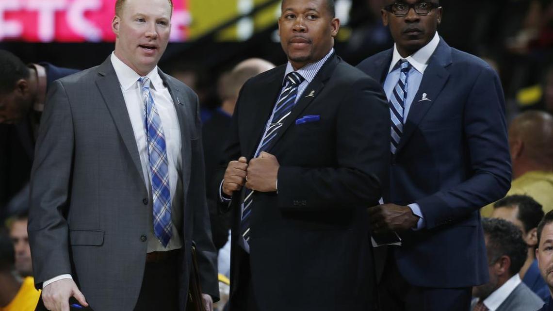 Denver Nuggets assistant coach Noel Gillespie, left, has been offered the head coaching job with the Charlotte Hornets’ Development League expansion franchise in Greensboro, which begins play this year.