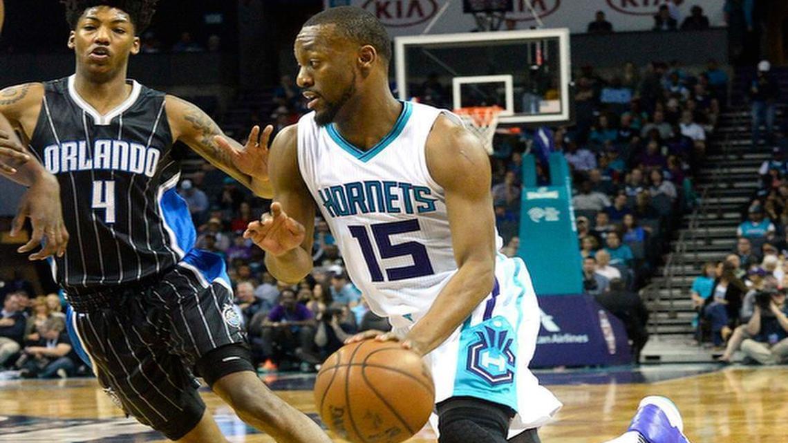 Charlotte Hornets guard Kemba Walker drives the ball down court during Wednesday night's game played at Time Warner Cable Arena April 13, 2016.