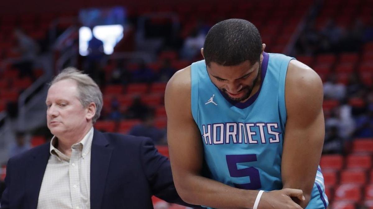 Charlotte Hornets guard Nicolas Batum (5) will meet with a specialist in Dallas Monday, to help determine whether to have surgery on his left elbow, injured in Wednesday’s preseason exhibition against the Detroit Pistons.