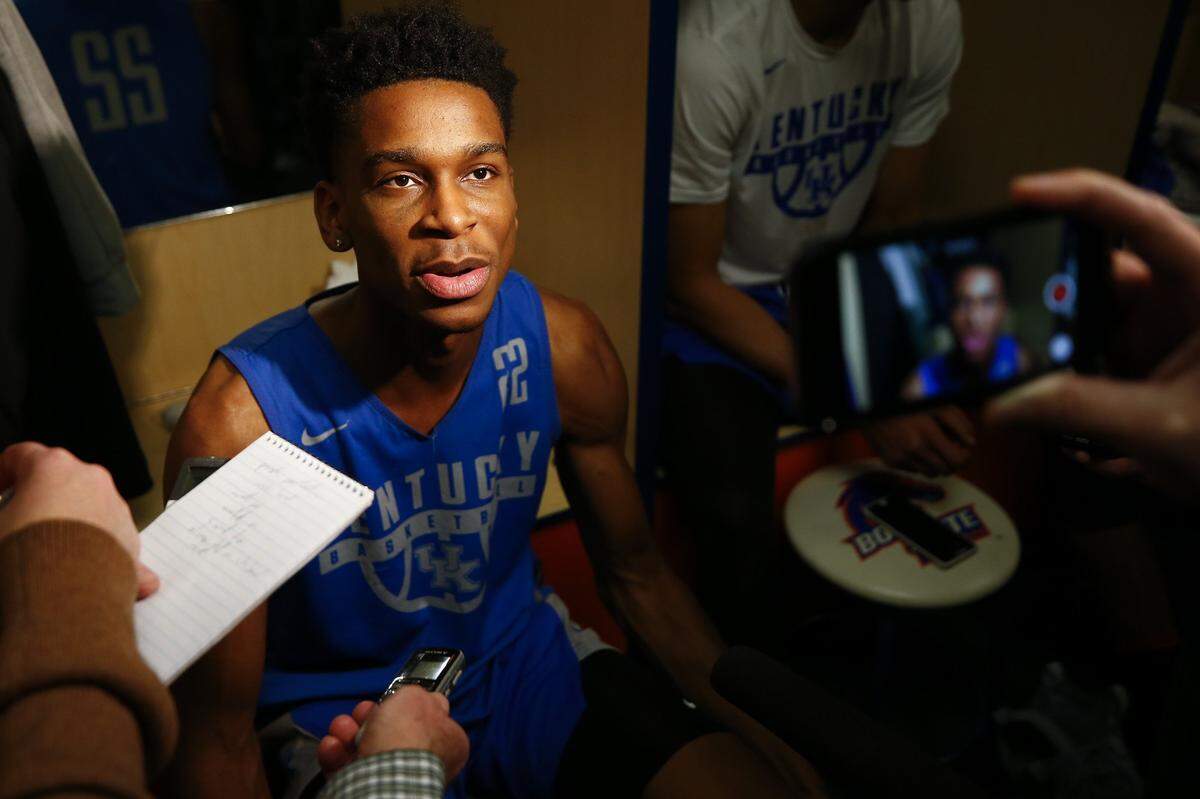 Kentucky Wildcats guard Shai Gilgeous-Alexander (22) answers questions during media availability Friday at Taco Bell Arena in Boise. Kentucky will play Buffalo Saturday in the second round of the NCAA Tournament.