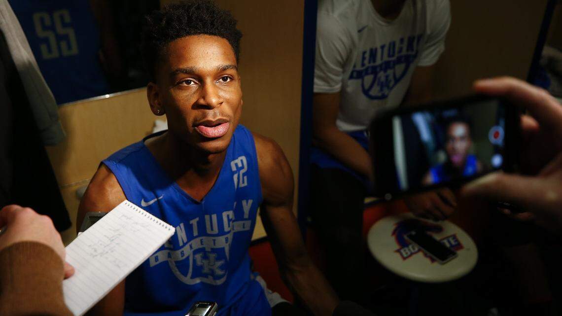 Kentucky Wildcats guard Shai Gilgeous-Alexander (22) answers questions during media availability Friday at Taco Bell Arena in Boise. Kentucky will play Buffalo Saturday in the second round of the NCAA Tournament.
