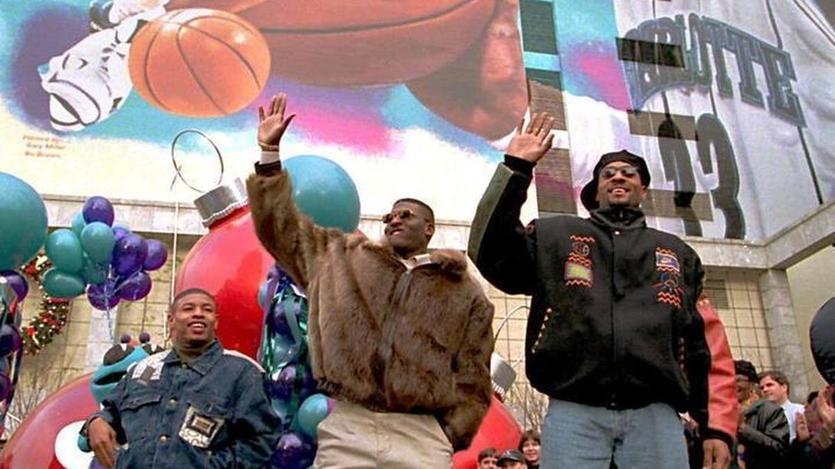 Charlotte Hornets stars Muggsy Bogues, from left,  Larry Johnson and Alonzo Mourning were so popular locally in 1995 that a mural was painted of them on an uptown wall in 1995.