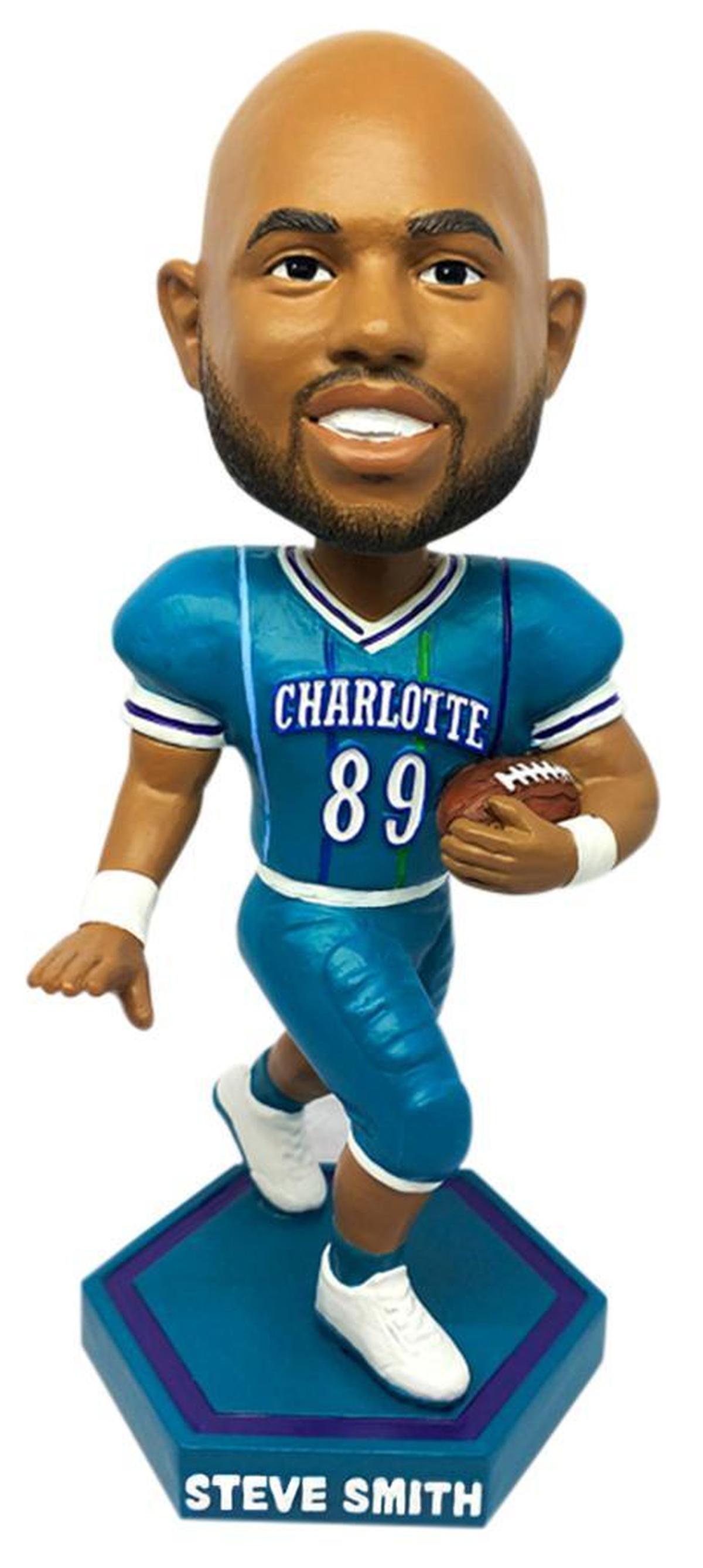 The first 7,500 fans attending the Charlotte Hornets-Phoenix Suns NBA basketball game at the Spectrum Center in uptown Charlotte on Saturday will receive this bobblehead of retired Carolina Panthers’ star Steve Smith.