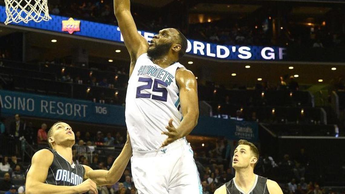 Charlotte Hornets center Al Jefferson sinks a basket during Wednesday night's game at Time Warner Cable Arena.