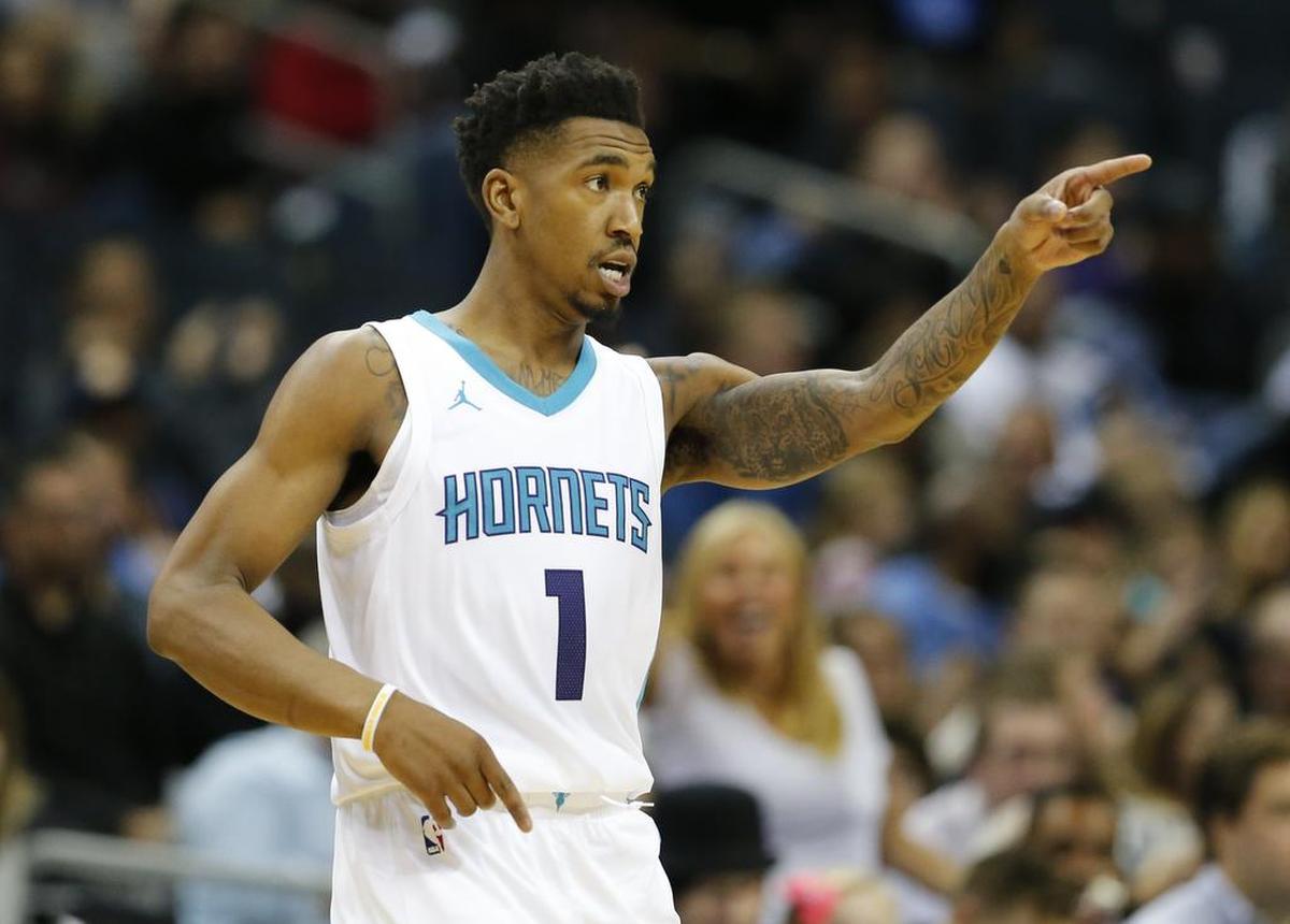 Hornets guard Malik Monk motions to a teammate after a play against the Denver Nuggets last month in Charlotte.