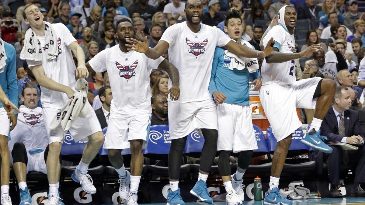 Charlotte Hornets, from left, Cody Zeller, P.J. Hairston, Al Jefferson, Jeremy Lin, and Marvin Williams, react to a shot against the Chicago Bulls late in the second half of a Nov. 3 game in Charlotte. The Hornets won 130-105.