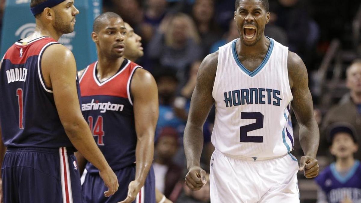 Charlotte Hornets forward Marvin Williams (2) reacts after making a basket against the Washington Wizards and being fouled Wednesday. The Hornets won 101-87.