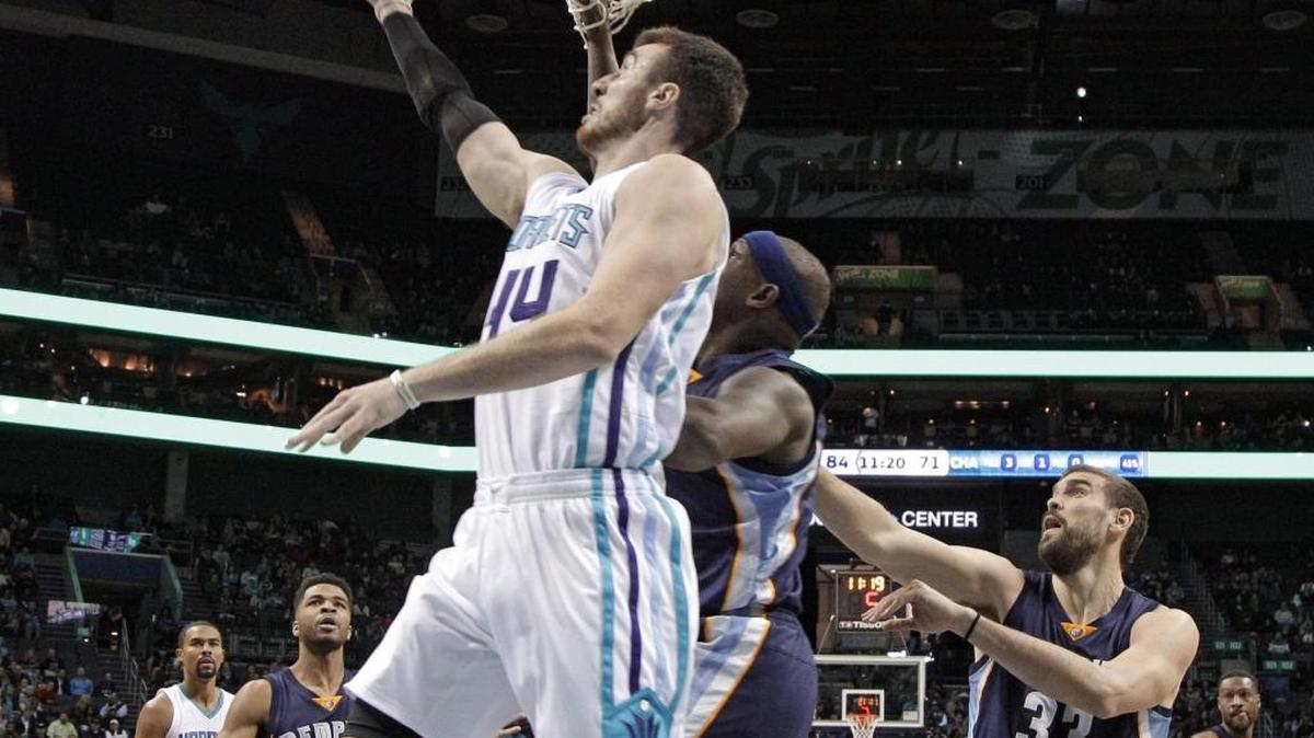 Charlotte’s Frank Kaminsky drives past the Memphis Grizzlies during the second half of Monday night’s game in Charlotte. Kaminsky scored 23 points but also sprained his left ankle during the game.
