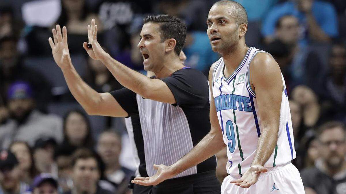Charlotte Hornets guard Tony Parker reacts to being called for a foul during the second half of Friday’s NBA game against the visiting Brooklyn Nets.