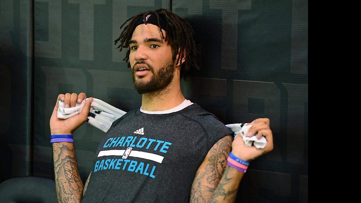
Kentucky center Willie Cauley-Stein takes a breather after a pre-draft workout at the Hornets' practice facility Wednesday morning.
