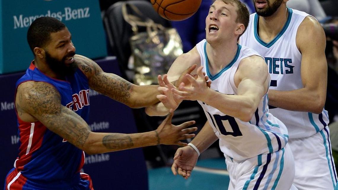 Charlotte Hornets center Cody Zeller, right, battles for control of a loose ball with Detroit Pistons center Andre Drummond, left, during a game in March at Time Warner Cable Arena in Charlotte.