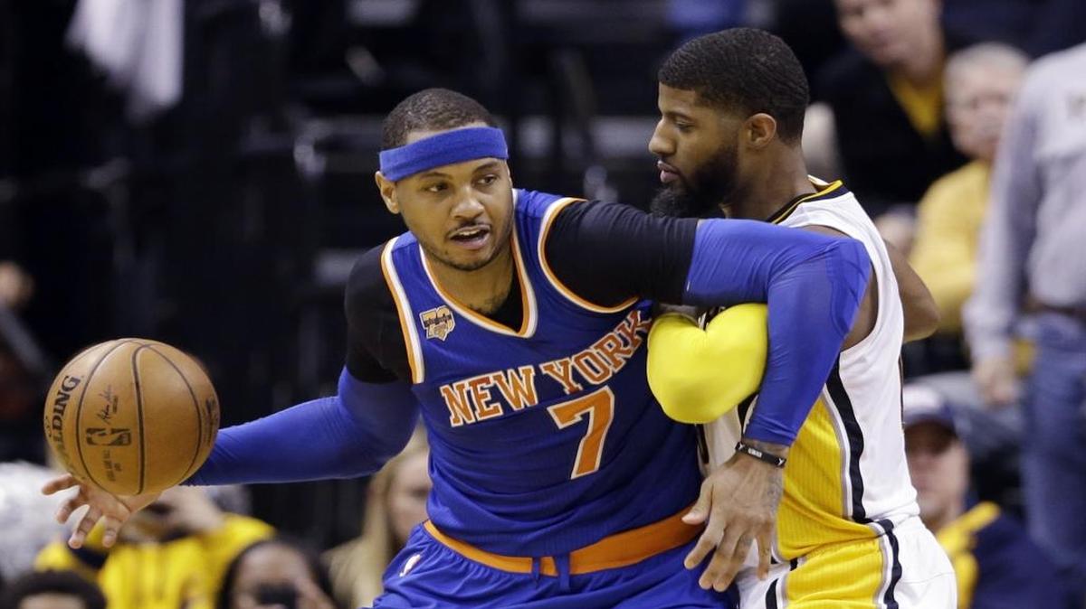 New York Knicks forward Carmelo Anthony, left, set a record for opponent scoring against the Charlotte Hornets, with 62 points in 2014.