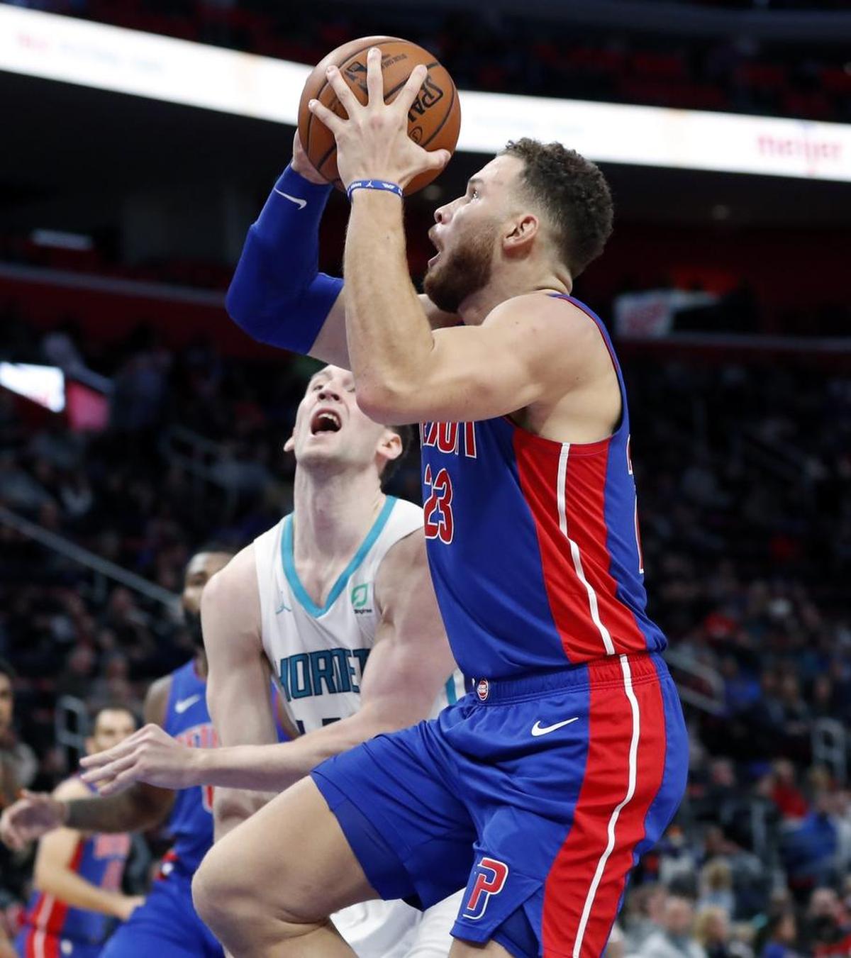 Detroit Pistons forward Blake Griffin, right, was held to 10 points - 15 below his average. He was also ejected from the game.